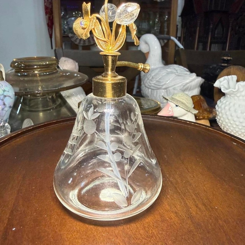 Irice Glass EMPTY perfume bottle with gold floral design and crystal accents